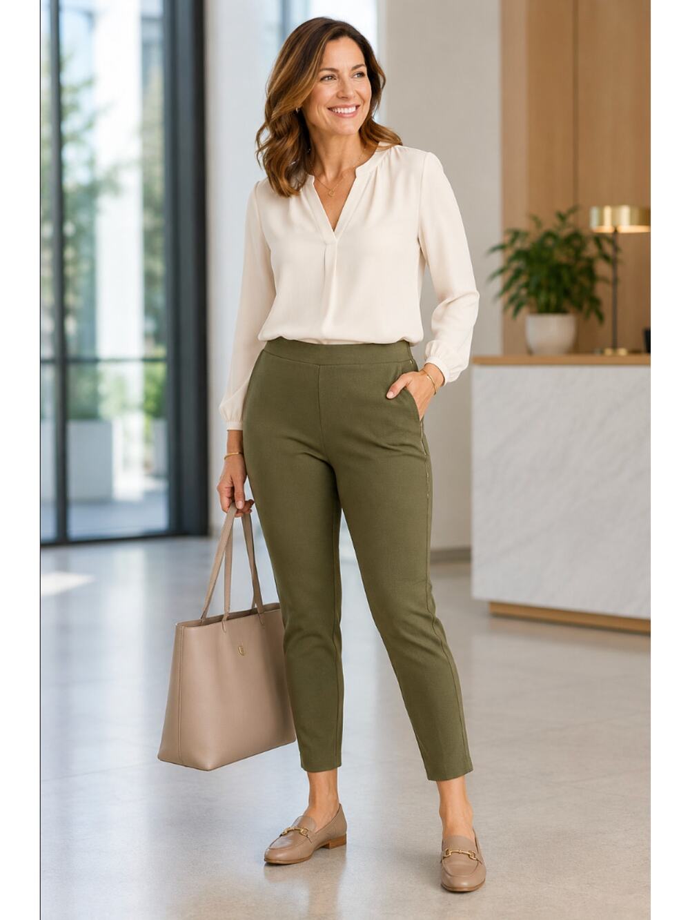 Jules and Leopold Ponte Olive Green Pull On Stretch Casual Ankle Pants Business